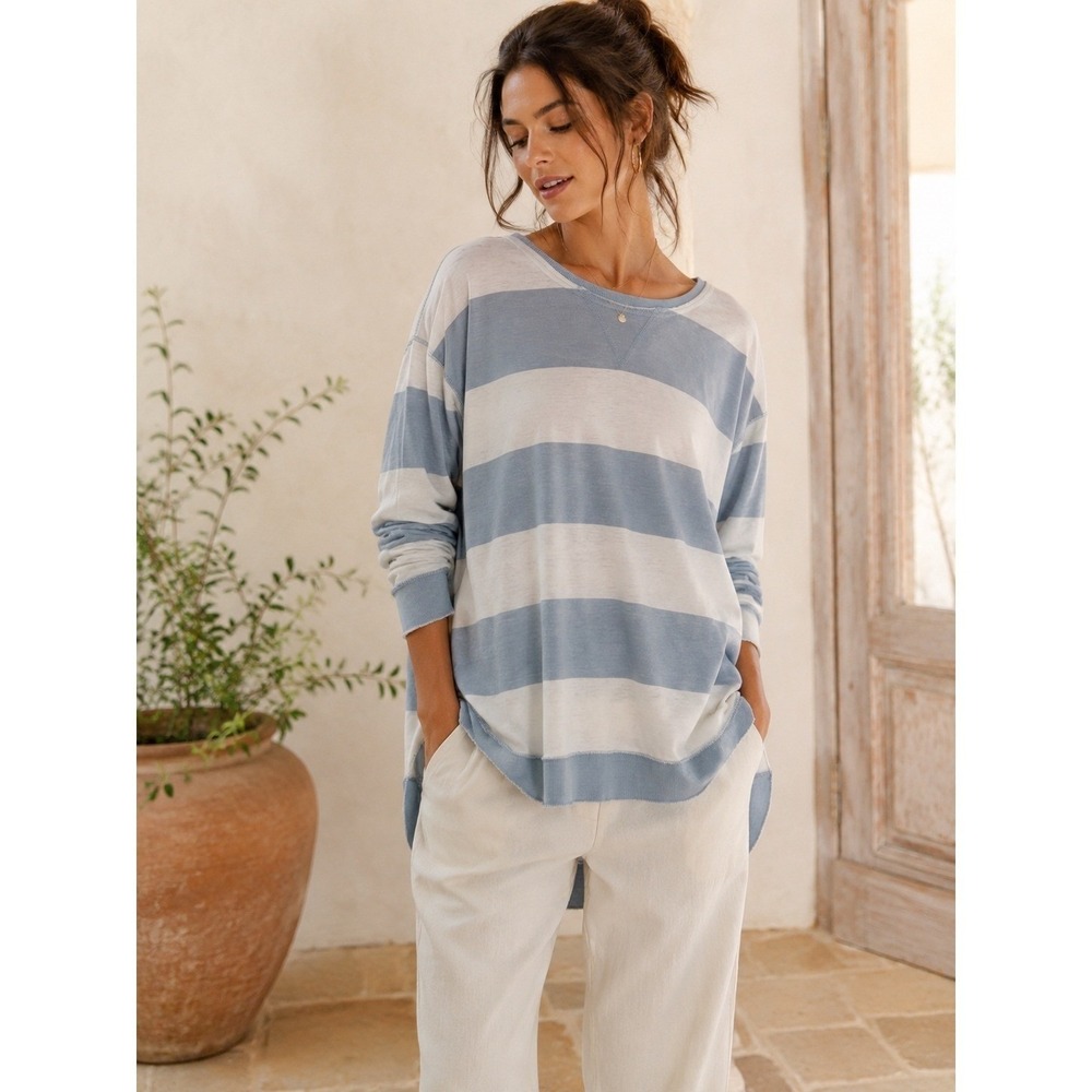 Z SUPPLY Blue White Rugby Striped Weekender Top Oversized Long Sleeve Top Small